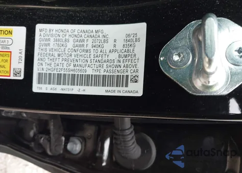 2025 Honda Civic Sport из США, поврежденный, VIN 2HGFE2F55SH605609